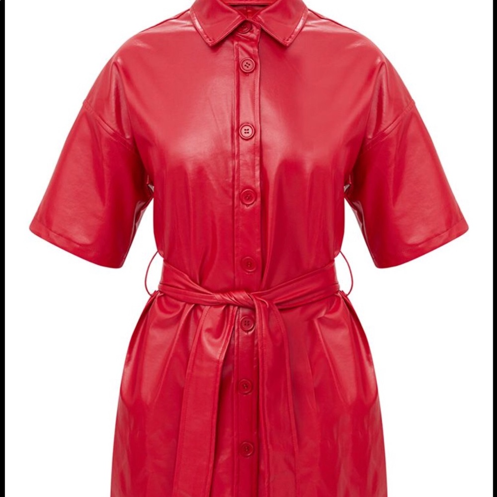Red Button Up Tie Waist Shirt Dress.